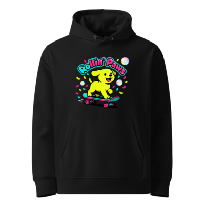 Rollin' Paws Unisex Eco Hoodie - Black Skateboard Puppy Design