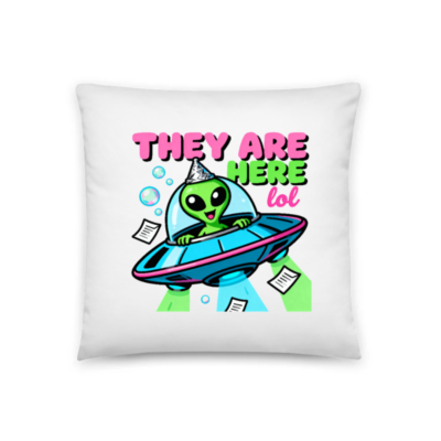 Alien UFO Pillow 18"x18" - They Are Here lol Party Hat Green Alien Flying Saucer Design