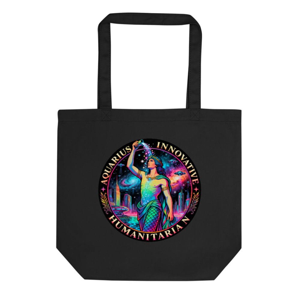 Eco Black Tote Bag | Aquarius Zodiac Design - Innovative Humanitarian