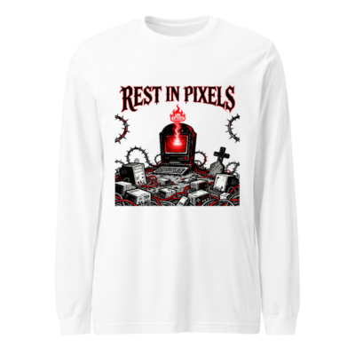 Rest in Pixels | Low Battery™ Unisex Long Sleeve Tee - Gothic Tech Graveyard Design