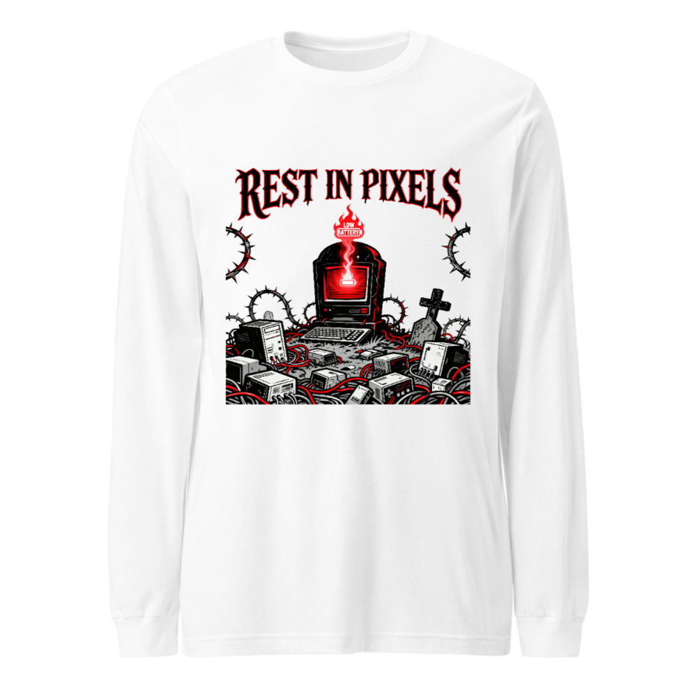 Rest in Pixels | Low Battery™ Unisex Long Sleeve Tee - Gothic Tech Graveyard Design