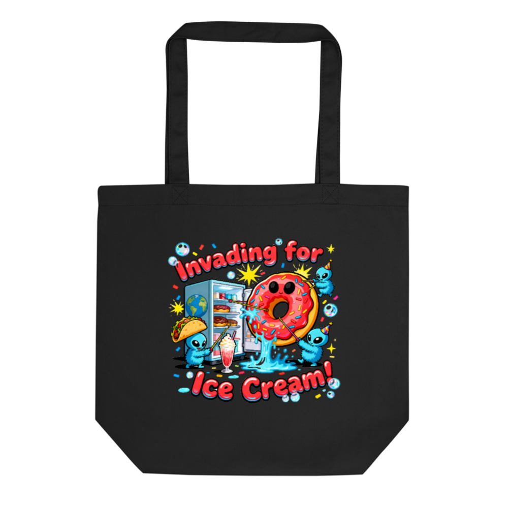 Eco Black Tote Bag - Invading for Ice Cream! Donut & Alien Art, Reusable Shopping Bag
