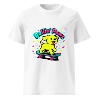 Unisex Organic Cotton T-Shirt | Rollin' Paws Yellow Puppy Skateboard Design