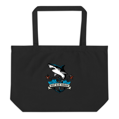 Organic Tote Bag with Shark & Anchor Design | Deep Blue Danger | Large Black Eco-Friendly Tote