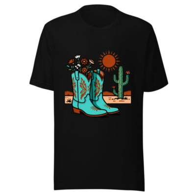 Unisex Cowboy Boots & Cactus T-Shirt | Blue Western Graphic Tee