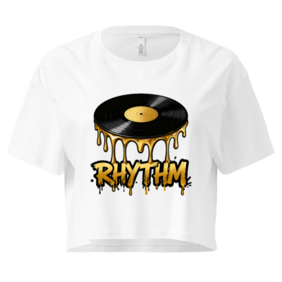 Women's Crop Top with Vinyl Record Rhythm Design - Black & Gold Dripping Art