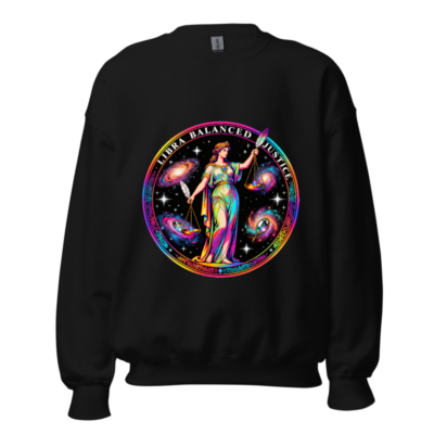 Unisex Libra Balanced Justice Sweatshirt - Cosmic Scales, Rainbow Galaxy Design
