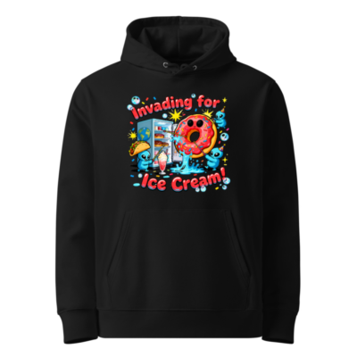 Unisex Eco Hoodie - 'Invading for Ice Cream!' Donut & Alien Graphic Sweatshirt