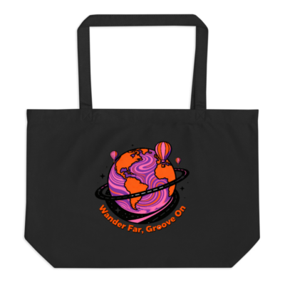 Organic Tote Bag | Large Black Eco-Friendly Tote with 'Wander Far, Groove On' Globe Design