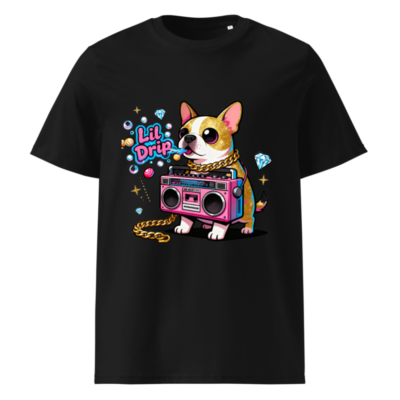 Unisex Organic Cotton T-Shirt - Lil Drip Dog with Boombox & Gold Chain Graphic