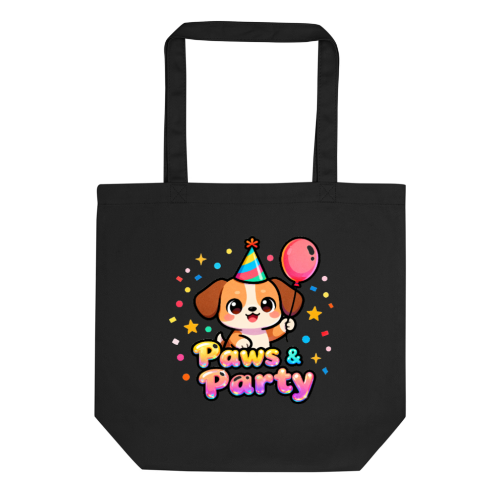 Eco Black Tote Bag | Paws & Party Dog Birthday Design - Reusable Sustainable Shopping Tote