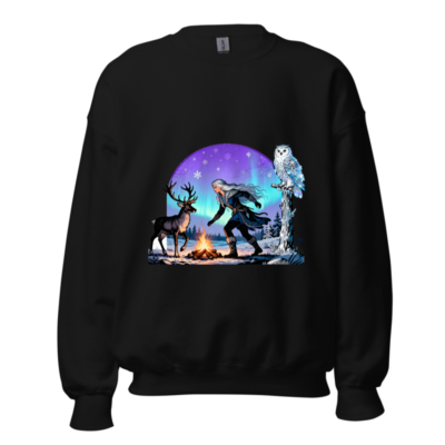 Unisex Crew Neck Sweatshirt - Winter Fantasy Deer & Owl Design with Aurora Borealis
