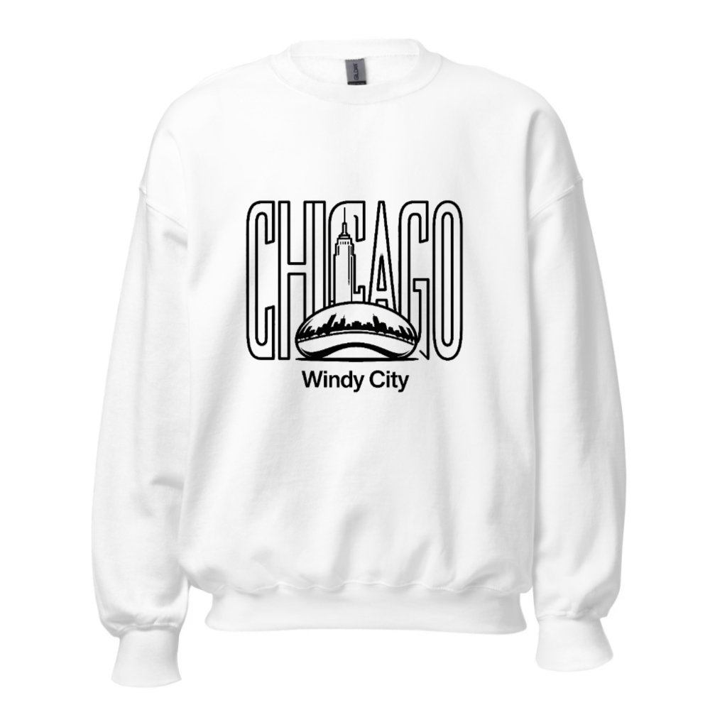 Chicago Windy City Unisex Crew Neck Sweatshirt | Black Chicago Skyline & Cloud Gate Design