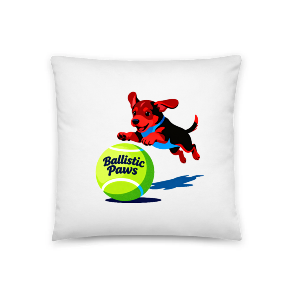 Ballistic Paws Dog Pillow 18"x18" - Cute Puppy Jumping on Tennis Ball Design