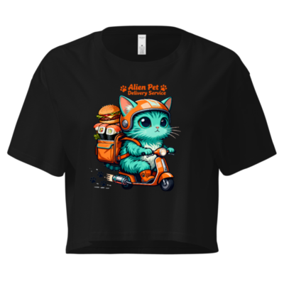 Alien Pet Delivery Service Women's Crop Top - Cute Cat on Scooter, Orange & Teal Design