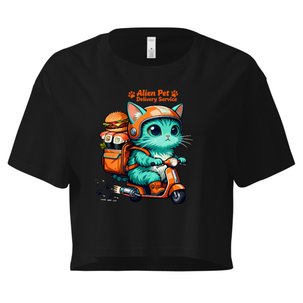 Alien Pet Delivery Service Women's Crop Top - Cute Cat on Scooter, Orange & Teal Design