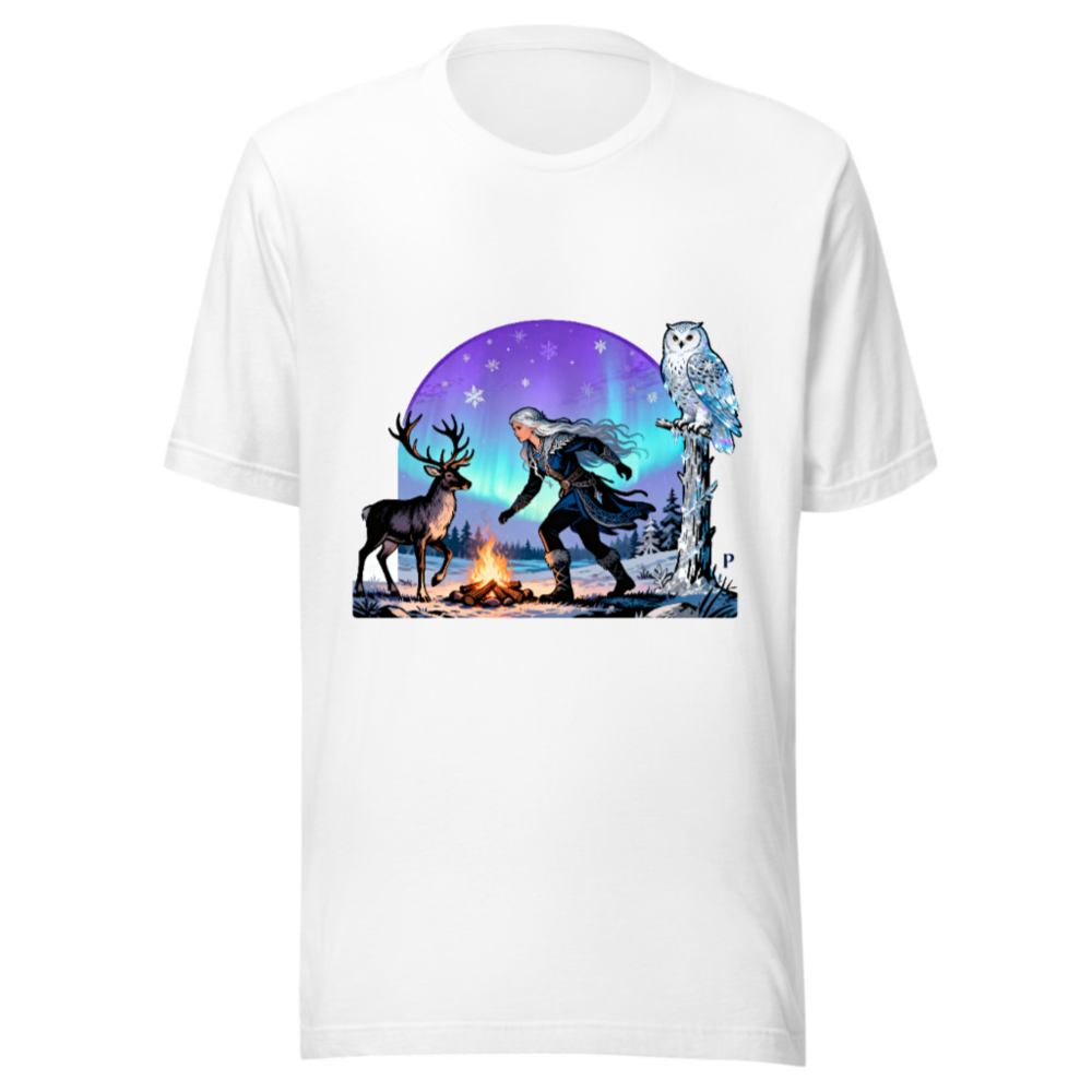 Unisex Staple T-Shirt with Winter Fantasy Deer & Owl Design - Soft Cotton Tee