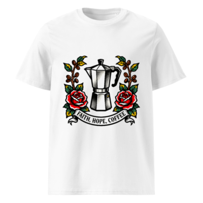 Unisex Organic Cotton T-Shirt | Faith, Hope, Coffee Moka Pot Rose Tattoo Design