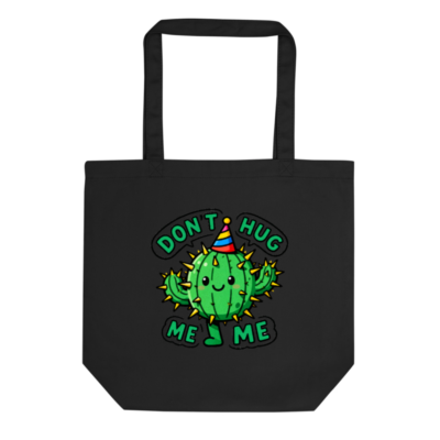 Eco Black Tote Bag | Kawaii Cactus with Party Hat - 'Don't Hug Me' Funny Gift