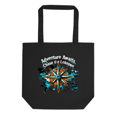 Eco Black Tote Bag | Adventure Awaits, Chase the Unknown Compass Design