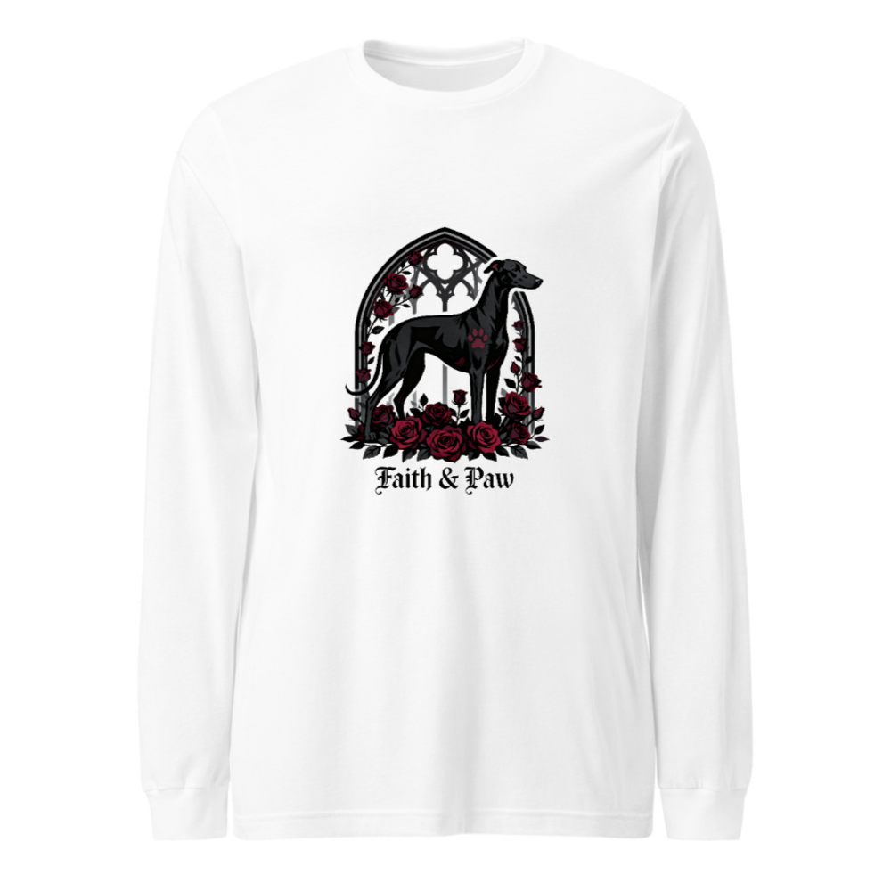 Faith & Paw Gothic Greyhound Long Sleeve Tee - Unisex Black Dog Rose Window Design
