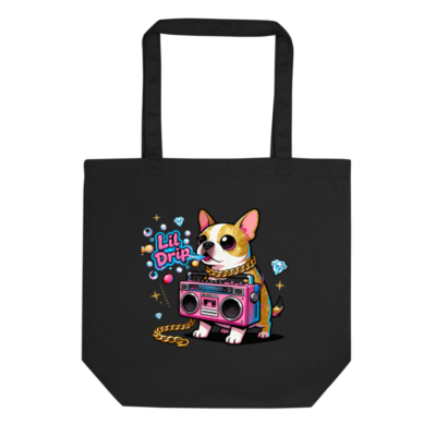 Eco Black Tote Bag with Lil Drip Dog & Boombox Design | Sustainable Reusable Shopping Bag