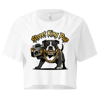 Street King Pup Women's Crop Top - Black & White Bulldog with Gold Chain & Boombox