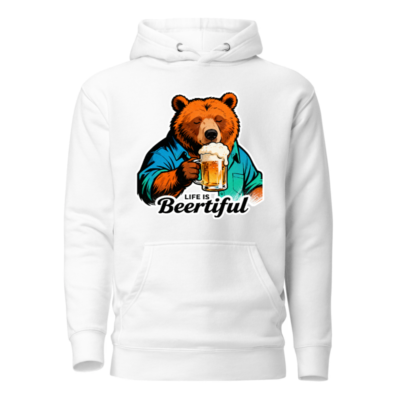 Unisex Premium Pullover Hoodie - Bear Drinking Beer, 'Life Is Beertiful' Funny Design
