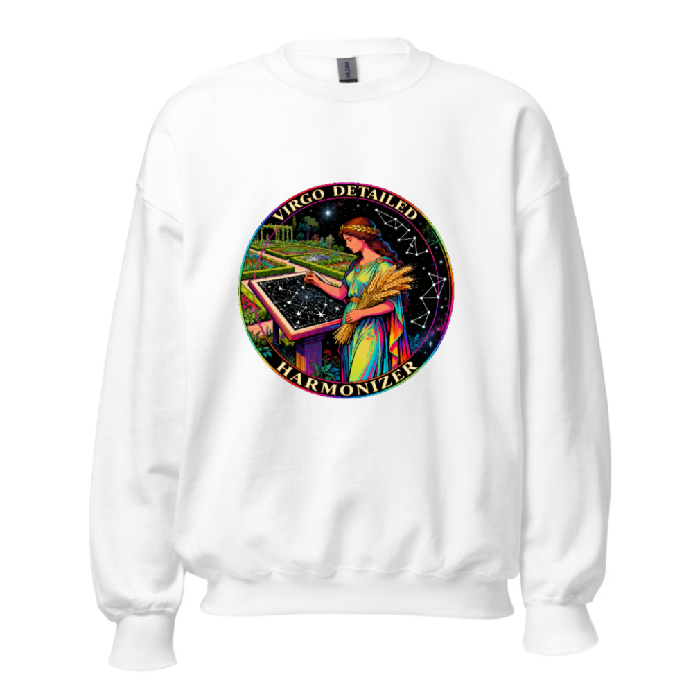 Virgo Detailed Harmonizer Unisex Crew Neck Sweatshirt - Rainbow Goddess Garden Design