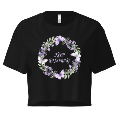 Women's Crop Top - Purple Floral Butterfly Wreath 'Keep Blooming' Design