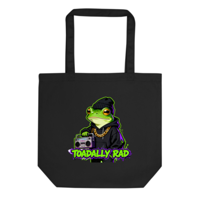 Eco Black Tote Bag | Toadally Rad Frog with Boombox Design