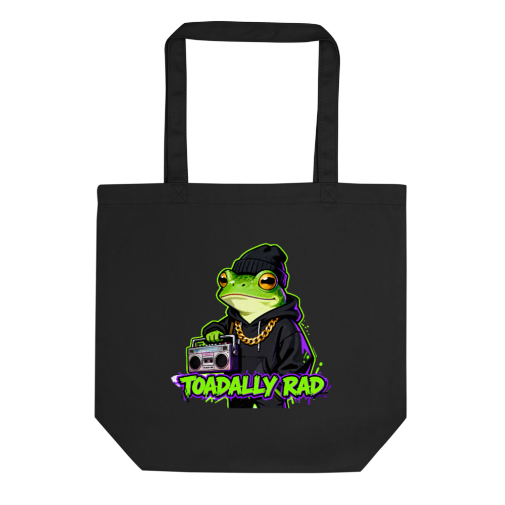 Eco Black Tote Bag | Toadally Rad Frog with Boombox Design