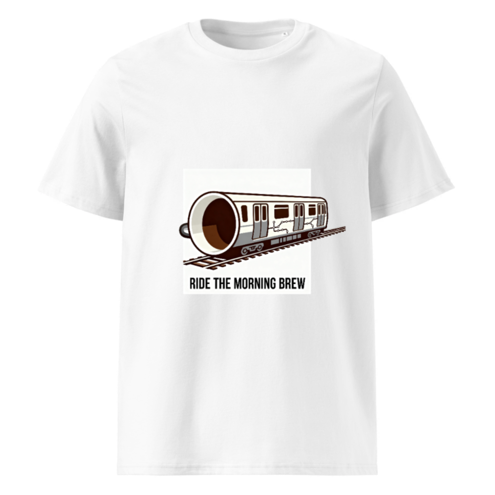 Ride the Morning Brew Coffee Train T-Shirt | Organic Cotton Unisex Tee