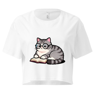 Women's Crop Top with Cute Grey Tabby Cat Reading Book Design - Short Sleeve T-Shirt
