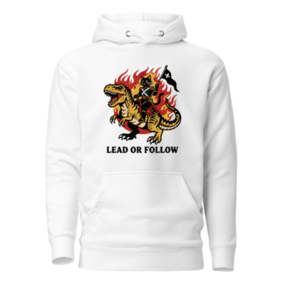 Unisex Premium Pullover Hoodie - T-Rex & Cat Warrior 'Lead or Follow' Design