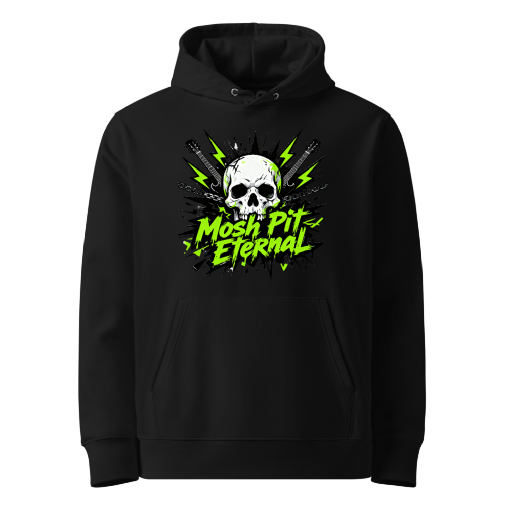 Mosh Pit Eternal Unisex Eco Hoodie - Black with Skull & Guitar Design
