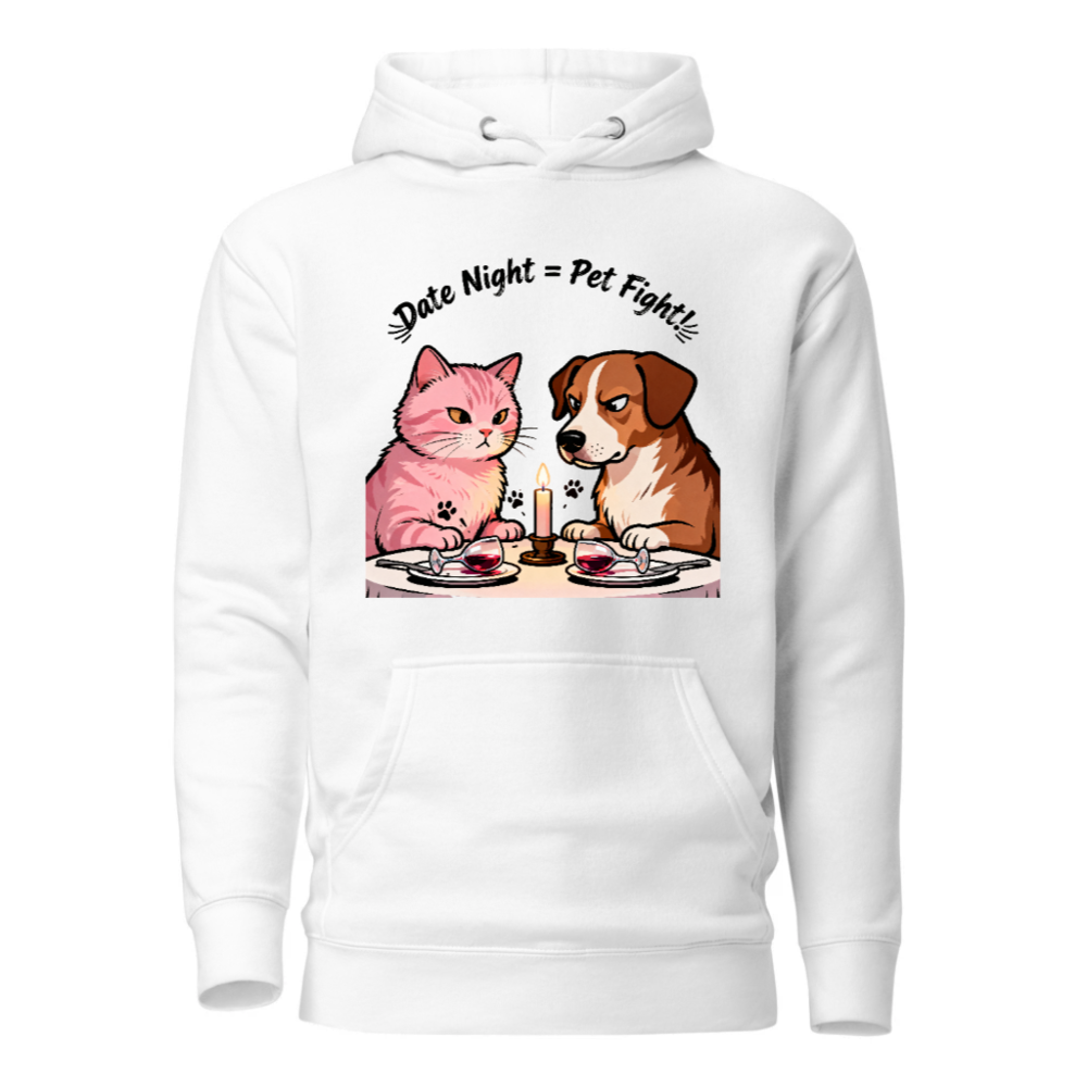 Unisex Premium Pullover Hoodie - 'Date Night = Pet Fight!' Cat & Dog Design