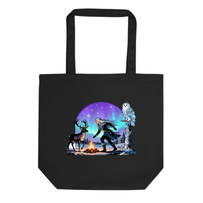 Eco Black Tote Bag | Reusable Canvas Tote with Winter Aurora Deer Owl Art
