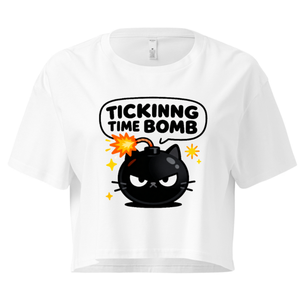 Women's Crop Top - Ticking Time Bomb Cat Graphic Tee, Short Sleeve, Casual Fit