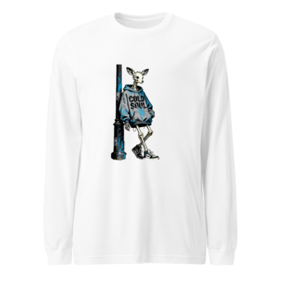 Unisex Long Sleeve Tee - Skeleton Deer in Blue Hoodie, 'COLD SOUL' Street Art Design