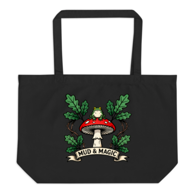 Large Black Organic Tote Bag | Mud & Magic Frog Mushroom Design