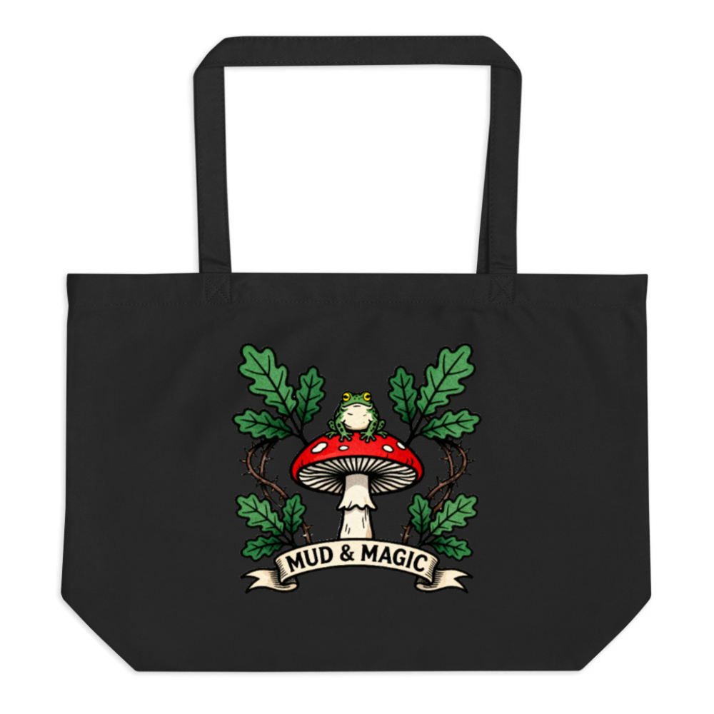 Large Black Organic Tote Bag | Mud & Magic Frog Mushroom Design