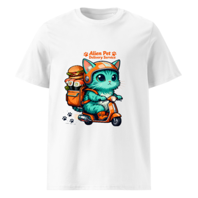 Unisex Organic Cotton T-Shirt | Alien Pet Delivery Service Cat on Scooter