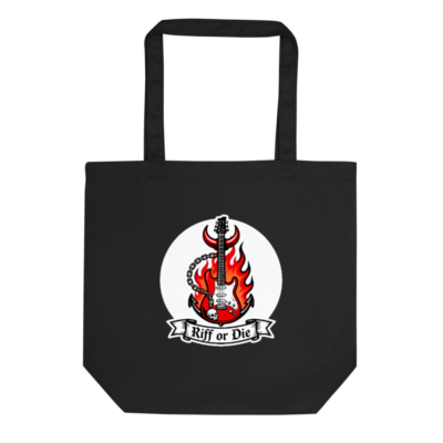 Eco Black Tote Bag | Riff or Die Guitar Flame Design | Sustainable Canvas Tote