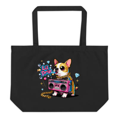 Lil Drip Chihuahua Boombox Tote Bag - Organic Black Canvas Shopper with Gold Chain & Diamonds Design