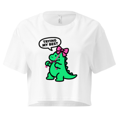 Women's Green Dino Crop Top - Trying My Best, Pink Bow, Cute Short Sleeve