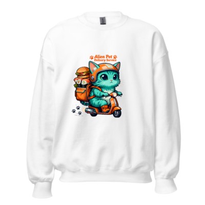 Alien Pet Delivery Service Cat on Scooter Unisex Sweatshirt - Cute Pet Food Delivery Design