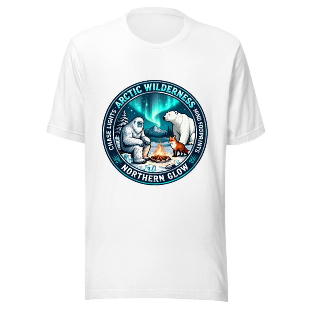 Arctic Wilderness Northern Glow Unisex T-Shirt | Polar Bear, Yeti & Fox by Campfire