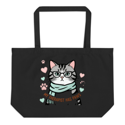 Organic Tote Bag with Cat Therapist Design | Black Eco-Friendly Canvas Tote
