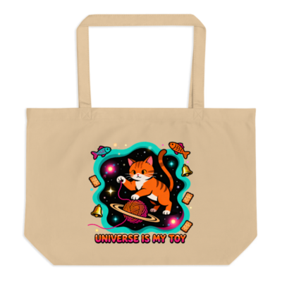 Large Organic Tote Bag | Universe Is My Toy Cat Design